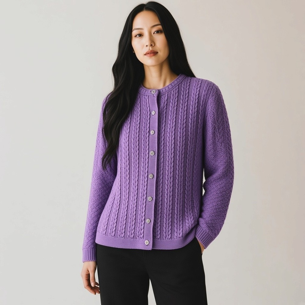 Cuddle Knit Cardigan Womens L Purple Excellent Vintage 80s Cable Knit USA